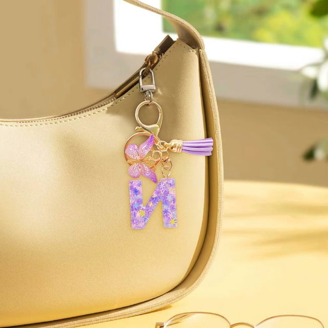 Initial Letter Keychains For Women Tassel Purple Cute Car Keychain For Wallet Backpack Bag