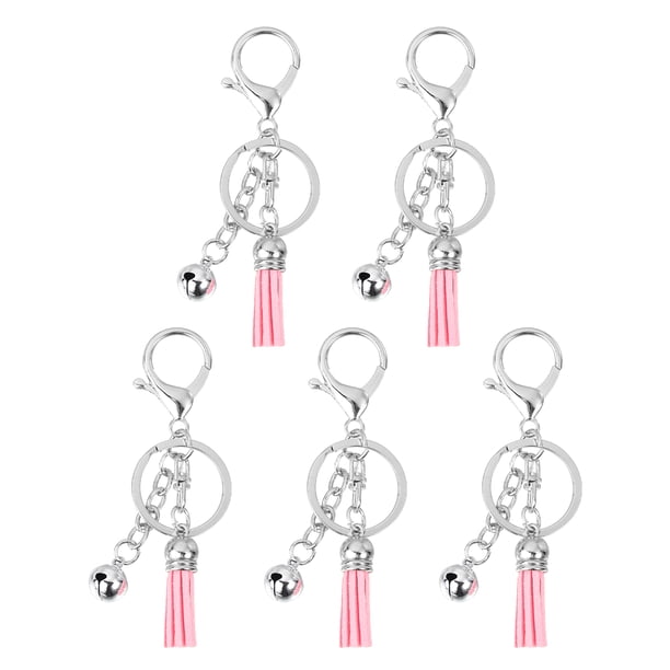 Llaveros de borlas Uxcell 5Pack, anillos de llavero con borlas de 4" y campana para llaves, billeteras y bolsos, rosa