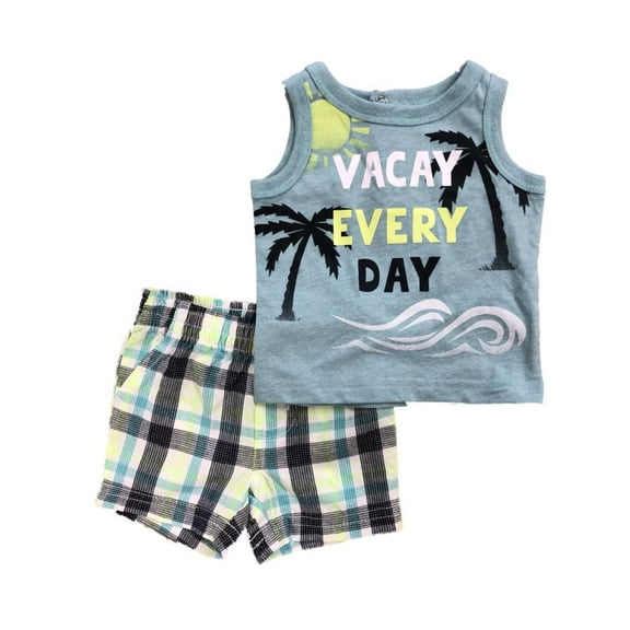 Infant Boys Vacay Every Day Baby Outfit Tank Top Shirt & Plaid Shorts Newborn