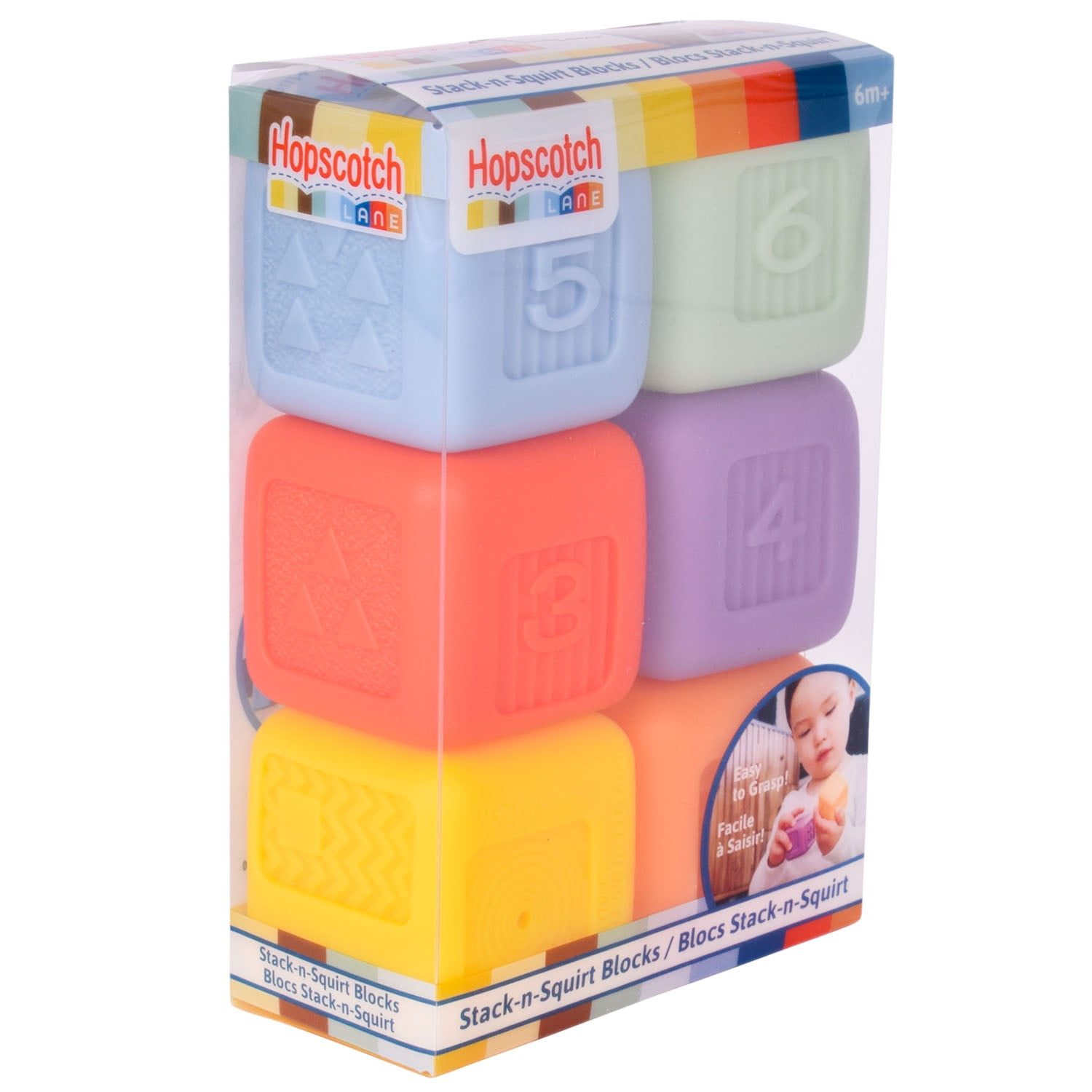 Hopscotch Lane Stack-n-Squirt Blocks - 6 Pack  Soft Plastic Bath Squirters, Baby & Toddler 6+ Months