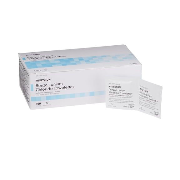 McKesson BZK Towelettes, First Aid Antiseptic Wipes - Individually Wrapped, 100 Count, 1 Pack