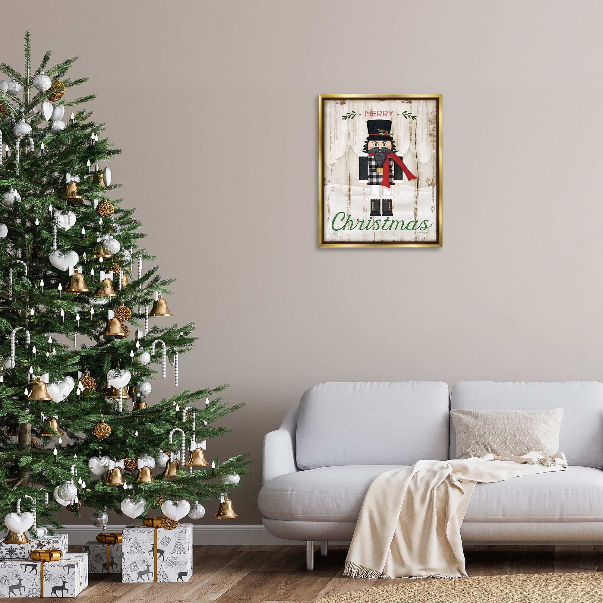 Stupell Industries Merry Christmas Winter Nutcracker Holiday Painting Gold Floater Framed Canvas Art Print Wall Art, 25 x 31