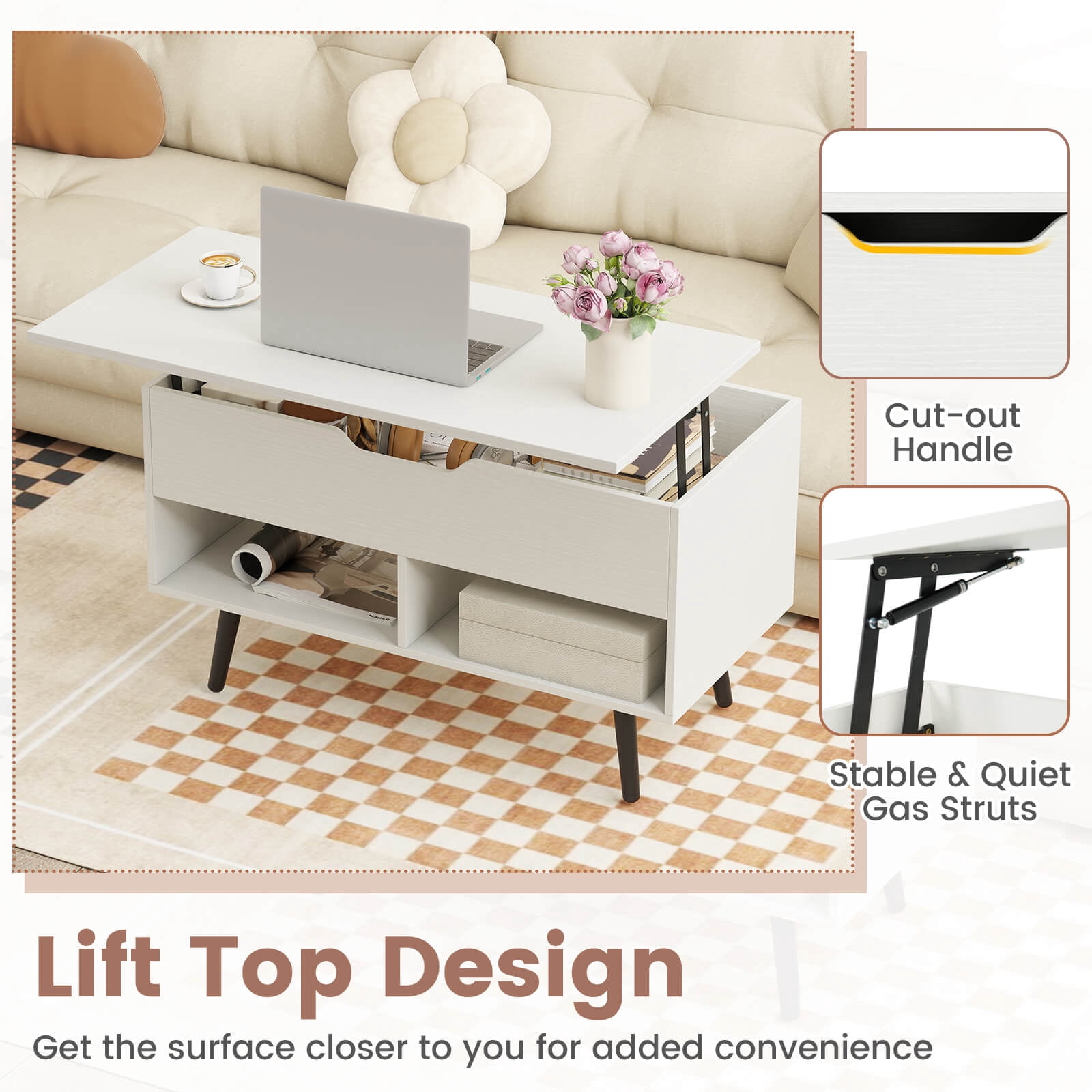 Costway 31.5" Lift Top CoffeeTable ModernTable with Hidden Compartment Wood Legs For Home White