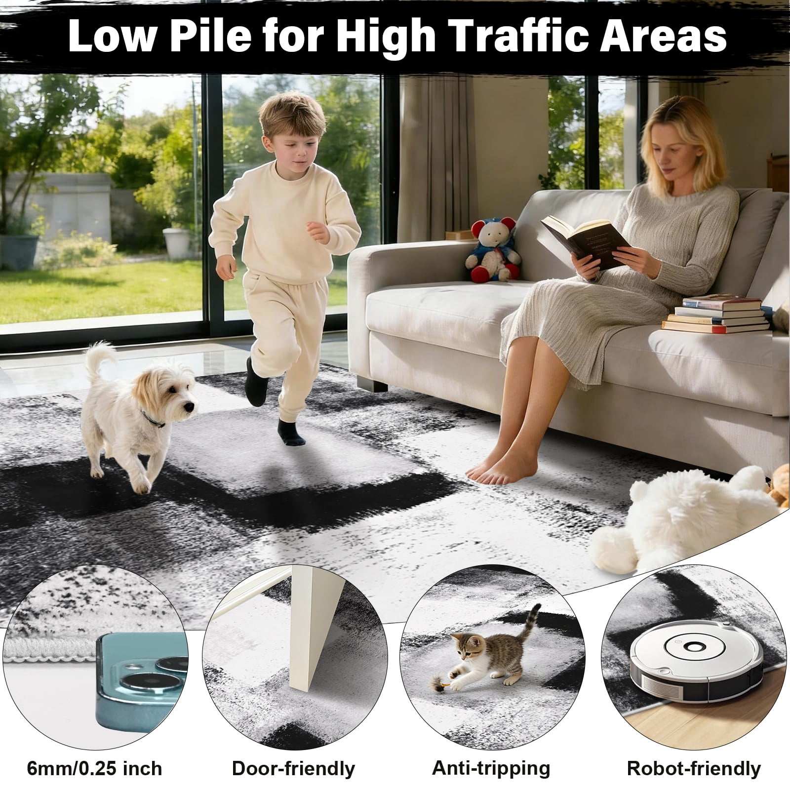 Bleum Cade Modern Abstract Area Rugs 6x9,Large Rugs for Living Room, Machine Washable Rug Indoor Rugs for Bedroom, Non-Slip Low-Pile Soft Carpet for Bedroom, Dining Room Office,Black