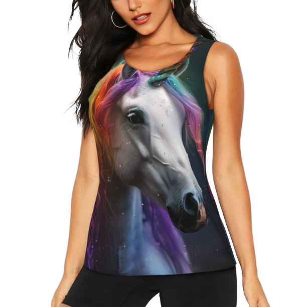 Balery Colorful Haired White Horse Camiseta sin mangas estampada ligera para mujer, tops de entrenamiento sin mangas, camisetas de yoga transpirables de secado rápido.-Small