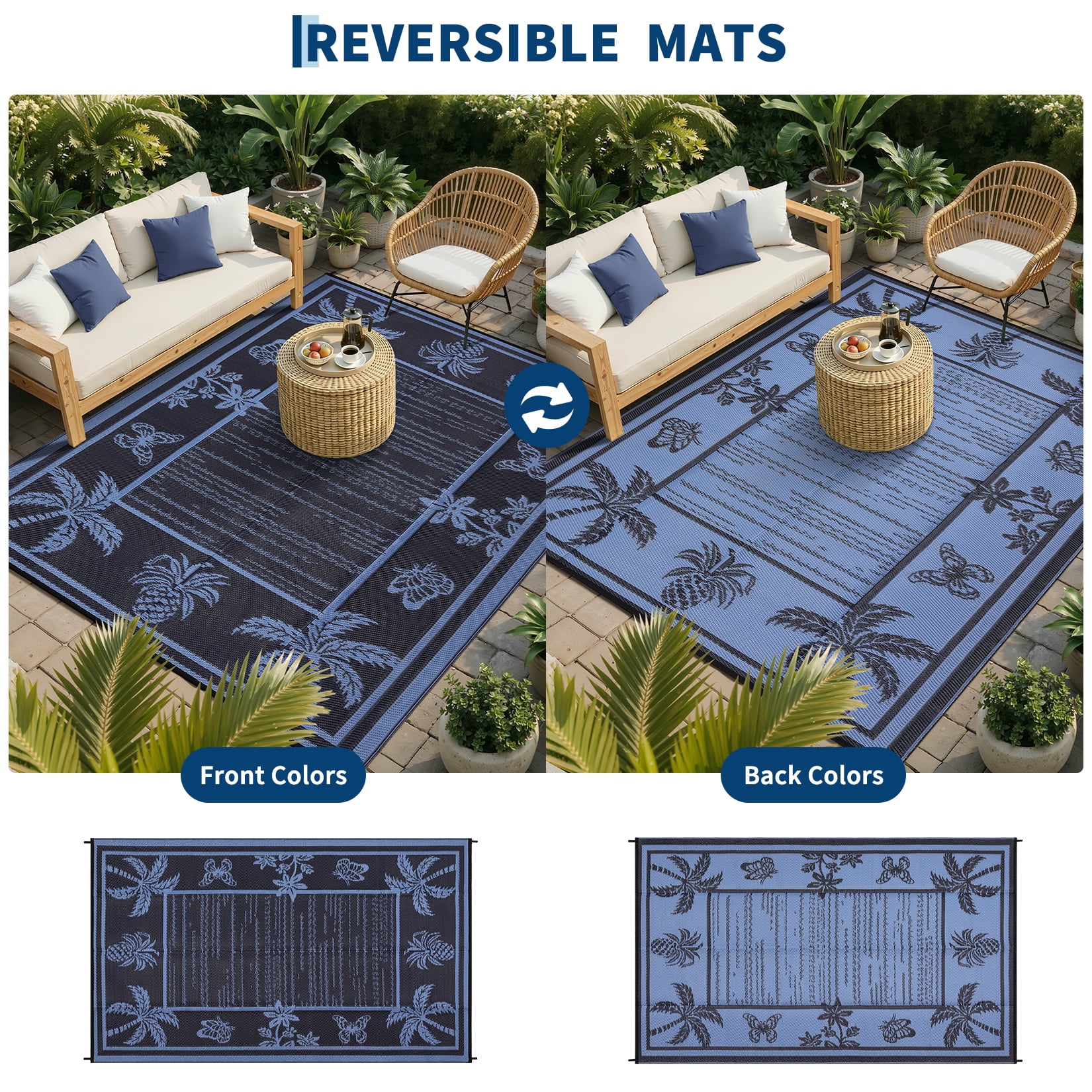 Garvee Outdoor Rug 8x10ft Waterproof Reversible Foldable Plastic Straw Rug, Tropical Leaf Border Outdoor Mat for Patio, Camping, RV, Deck, Porch, Balcony, Blue
