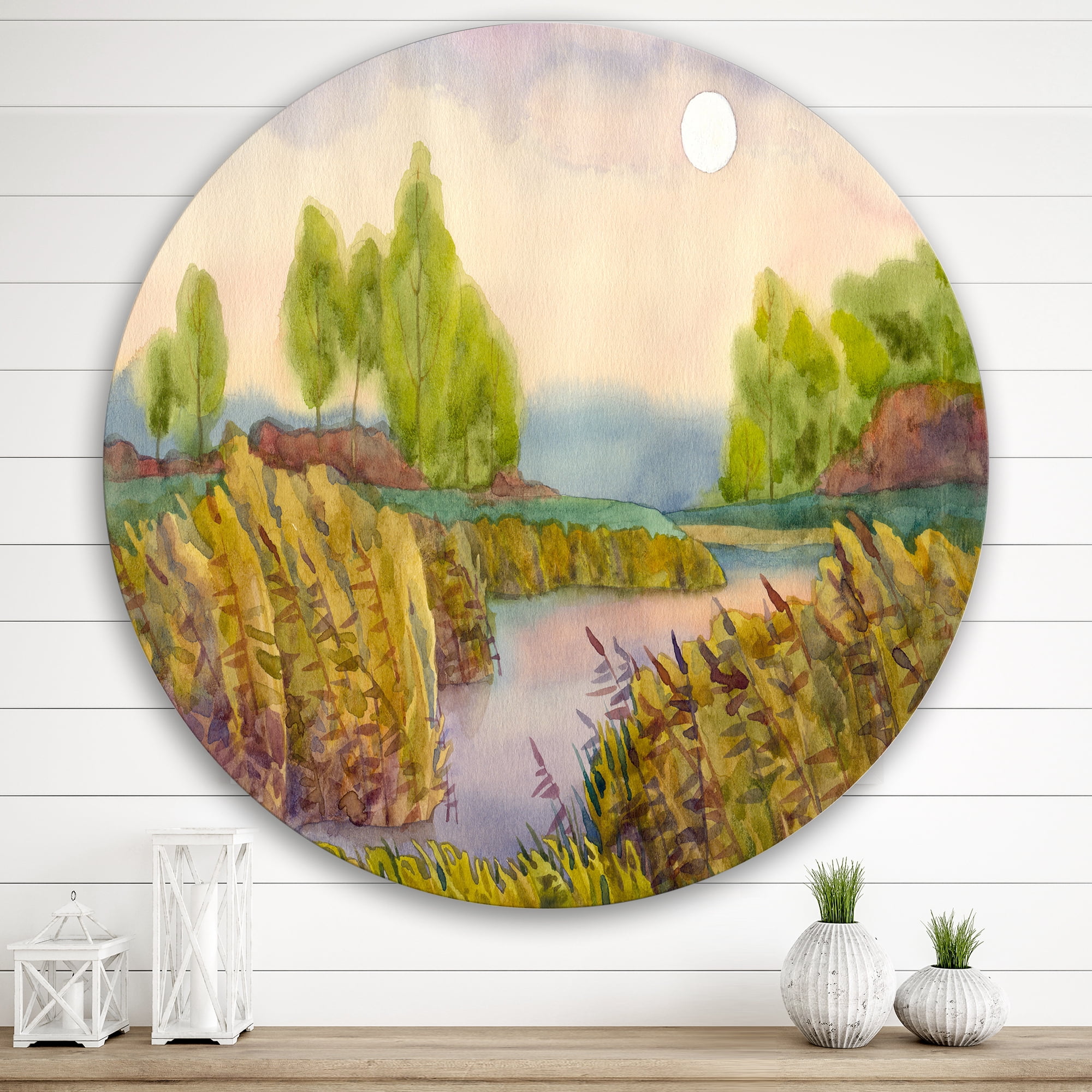 Designart 'Lake In The Reeds With Full Moon' Nautical & Coastal Circle Metal Wall Art 29x29 - Disc of 29