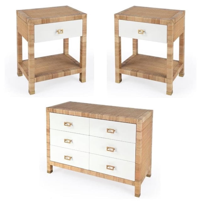 Home Square Ensemble en Bois de 3 Pcs avec 2 Tables de Nuit et 1 Commode en Naturel