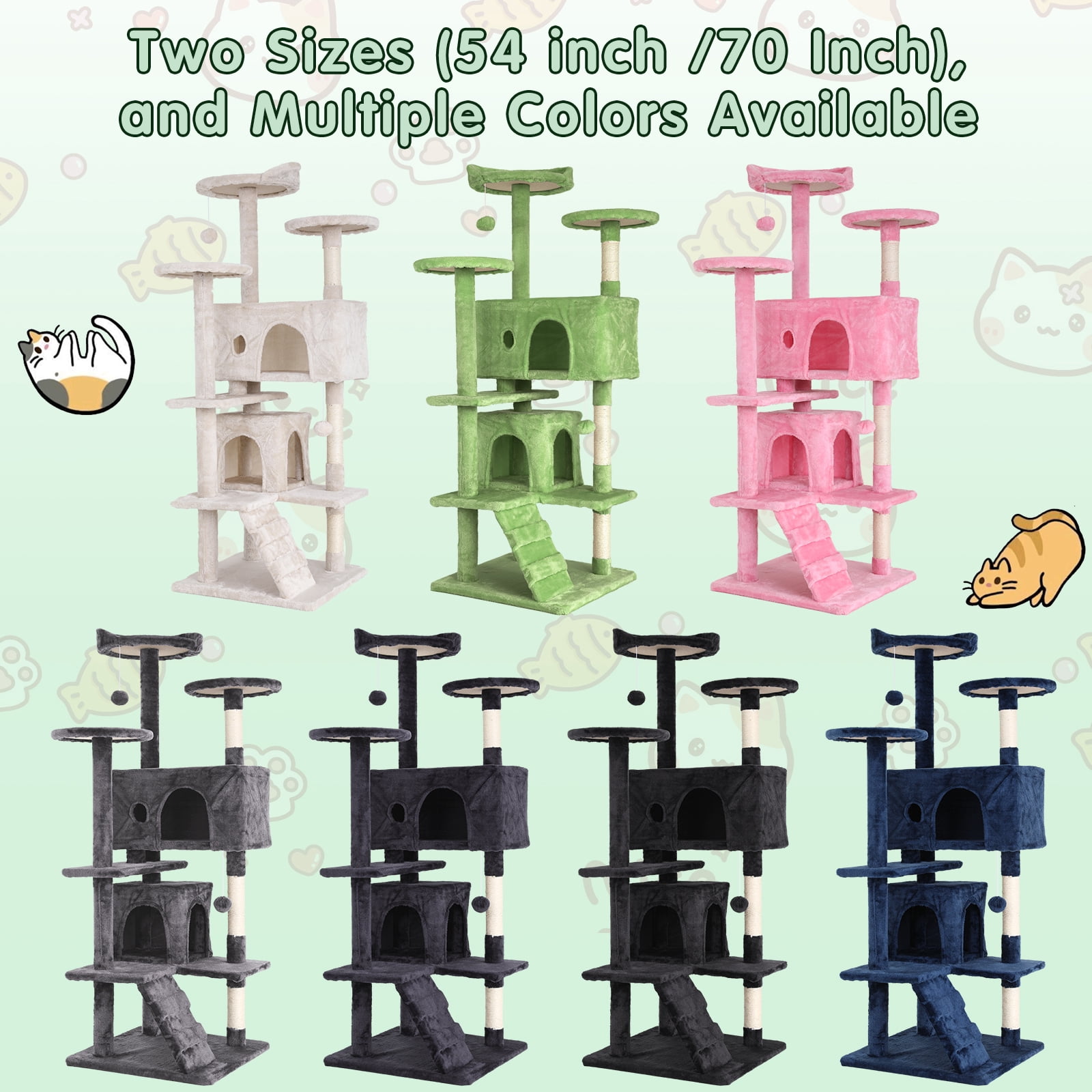 70" Cat Tree Cat Condo Cat Trees and Towers Multi-Level Activity Center Cat Playhouse with Sisal Scratching Posts & Perch for Kittens, Easy to Assemble, Green