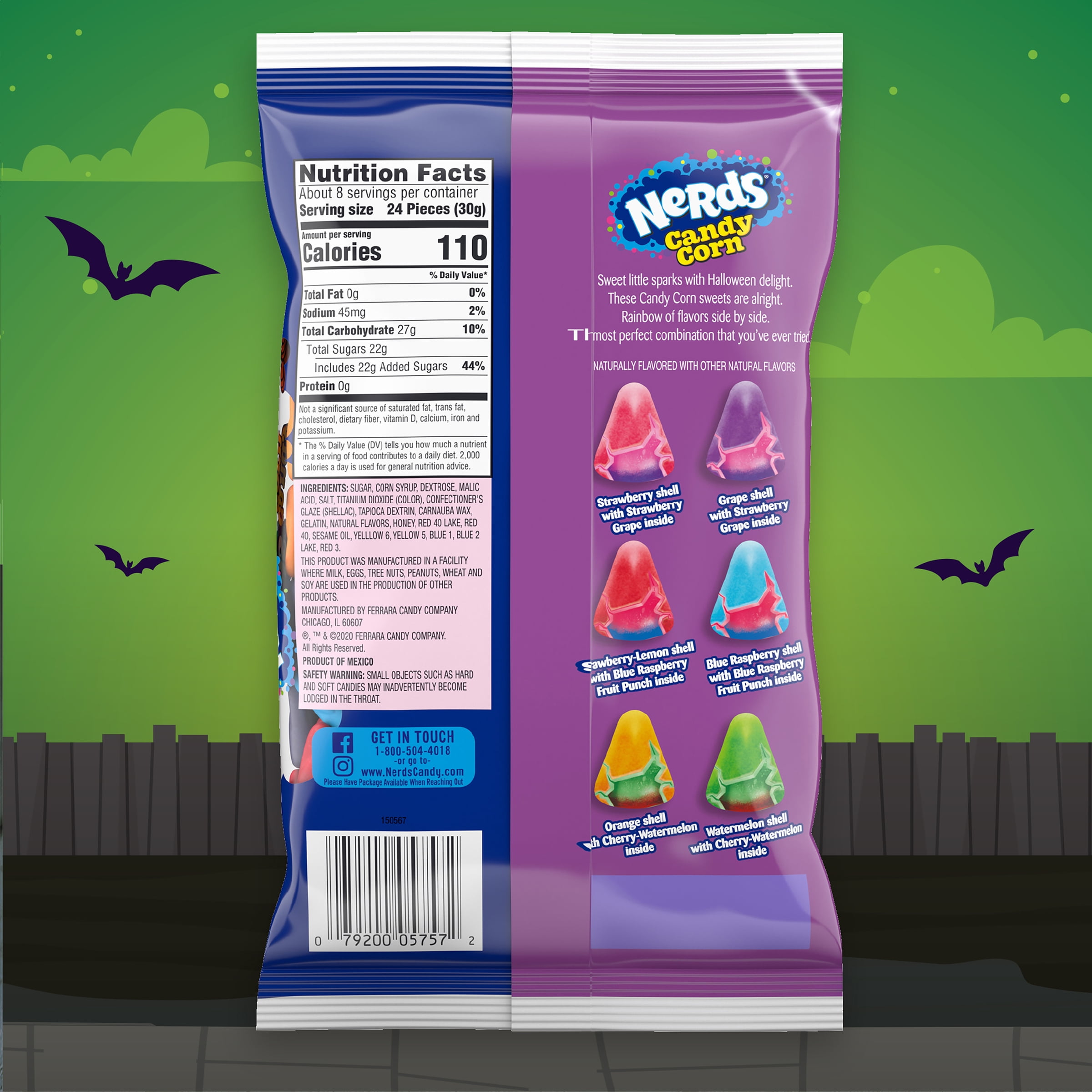 Nerds Halloween Candy Corn, Rainbow-Shelled Nerds-Flavored Mellowcreme, 8 Ounces, Laydown Bag