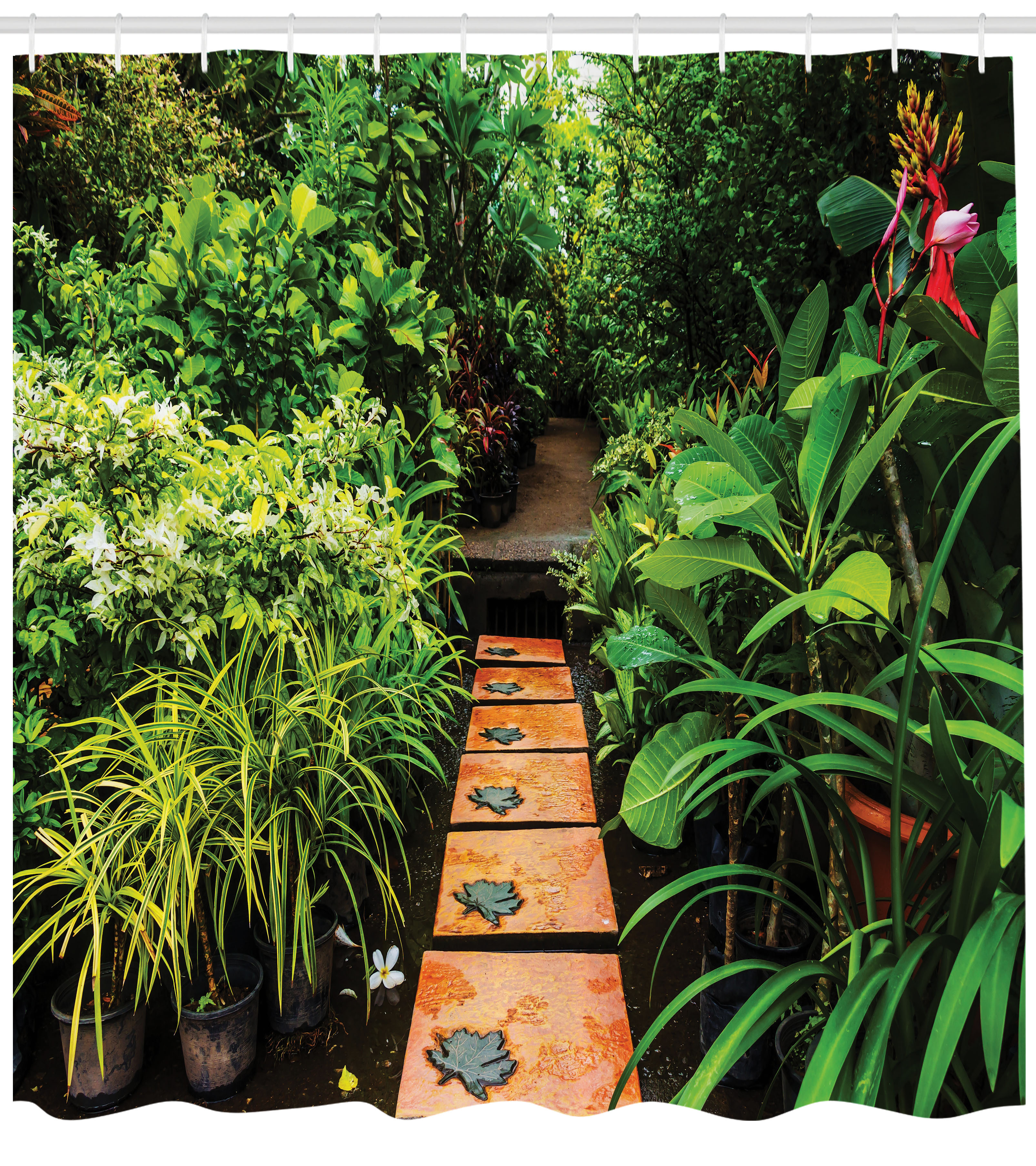Zen Garden Shower Curtain, Lush Garden with Tropical Plants and Wooden