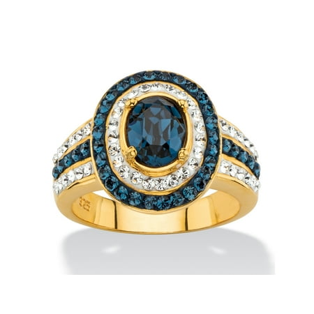 Oval-Cut Simulated Blue Sapphire Halo Cocktail Ring MADE WITH SWAROVSKI ELEMENTS in 18k Gold over Sterling Silver