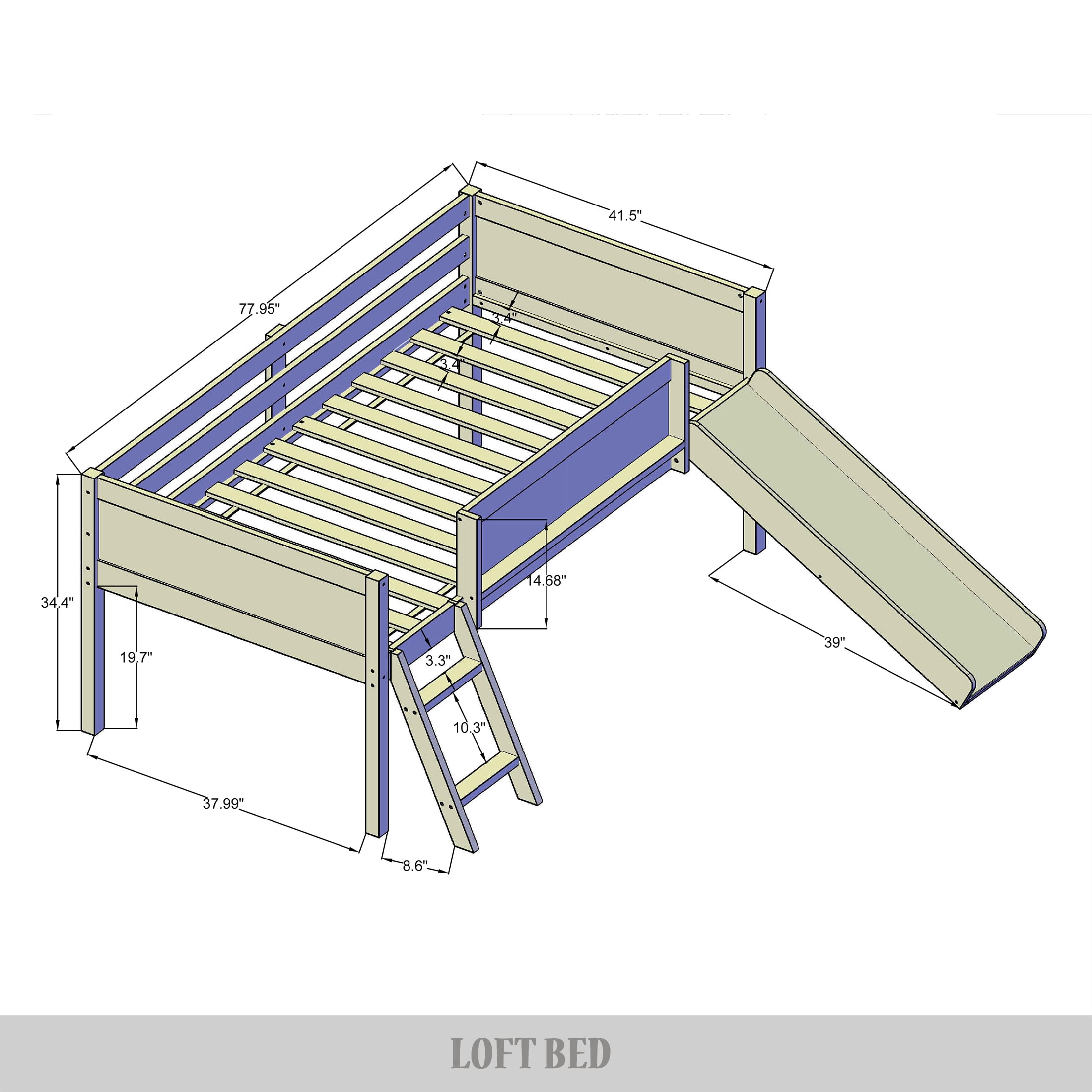Castle Place Wooden Twin Junior Loft Bed with Chalkboard and Slide, Antique Grey