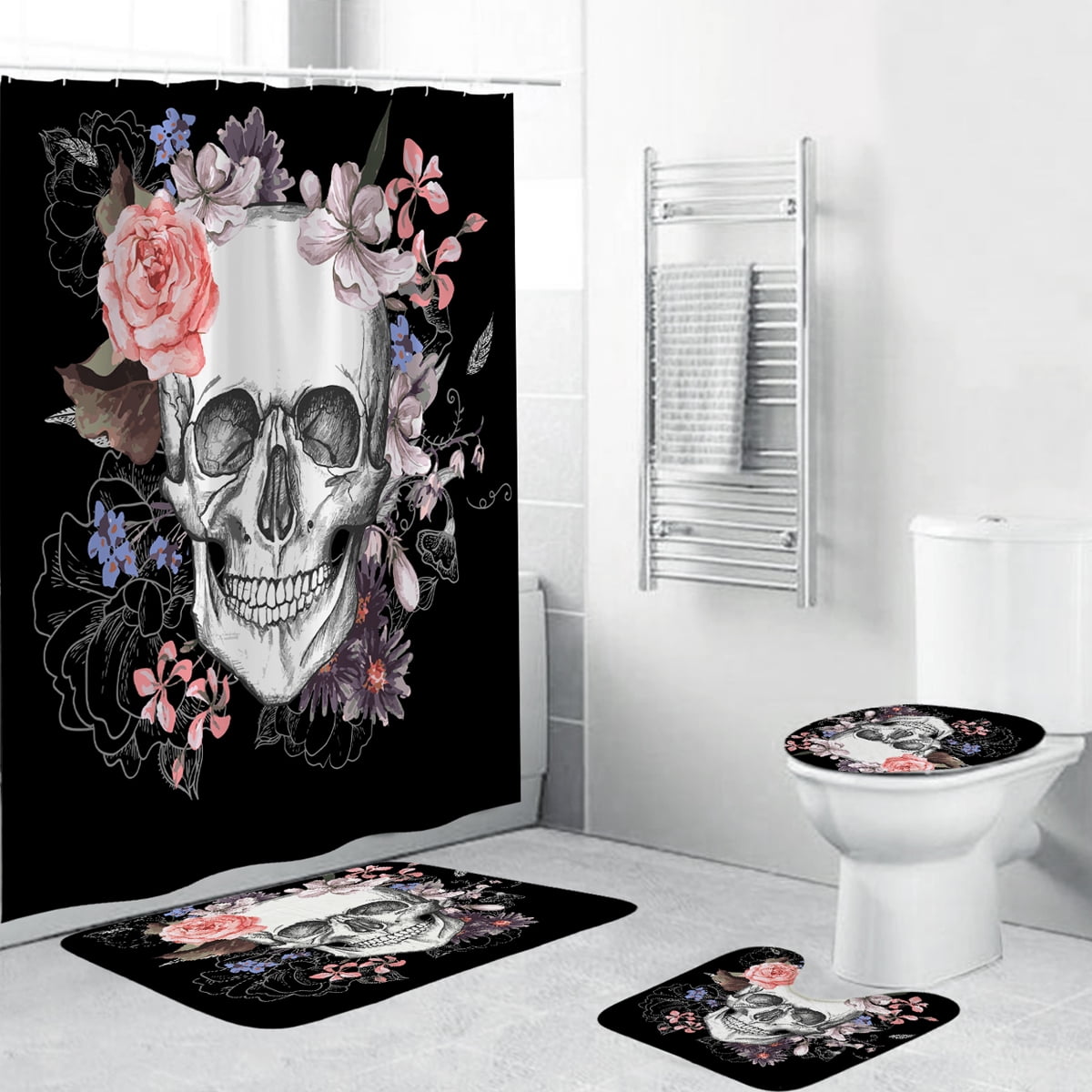 Details about   Floral Skull Shower Curtain Bathroom Rug Set Bath Mat Non-Slip Toilet Lid Cover 