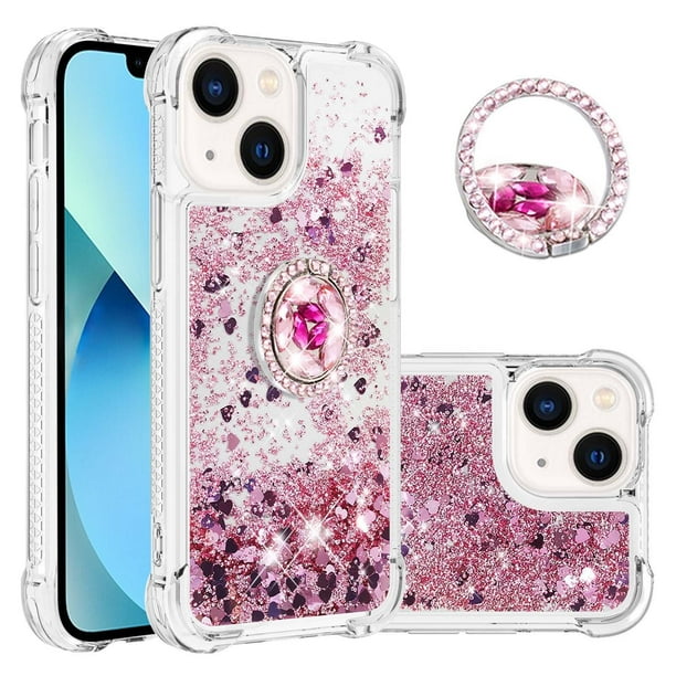 Funda para iPhone 14 Plus con Brillo Líquido Flotante, Purpurina, Parachoques y Anillo Giratorio Soporte