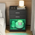 thumbnail image 3 of Afuhokles LED Nightstands Set of 2 with Charging Station,Black Bedside Table with Power Outlets and Drawers, 3 of 9