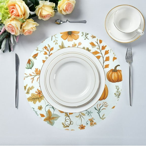 15.4" Round Placemat Set of 1 Polyester Fabric Place Mats Non-Slip Dining Kitchen Table Mats for Kitchen Party Decor Cute Autumn Pumpkin