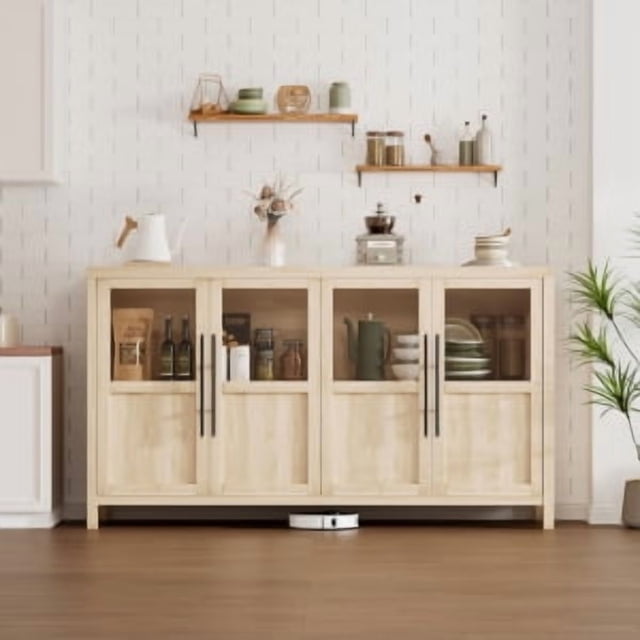 Storage Cabinet with Glass Doors 55" Large Buffet Cabinet with Storage, Multifunctional Accent Storage Cabinet Table for Kitchen Dining Room, Living Room