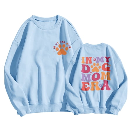 Fashion Sweatshirts For Women In My Dog Mom Letter Print Long Sleeve Crewneck Workout Pullover Sweater Blue