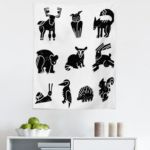 Woodland Animals Tapestry, Monochrome Forest Creatures Silhouette Style Illustration, Fabric Wall Hanging Decor for Bedroom Living Room Dorm, 5 Sizes, White and Charcoal Grey, by Ambesonne