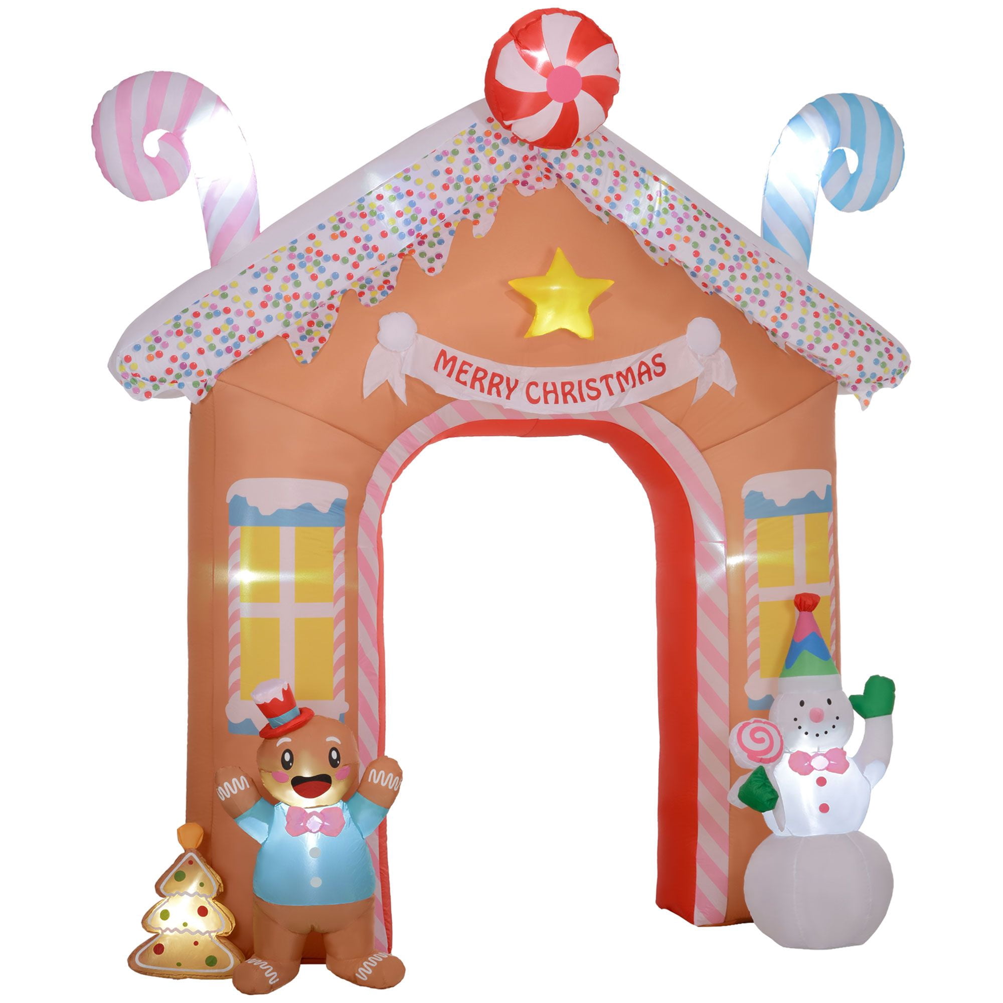 10 ft Inflatable Gingerbread House Archway with White LED Lights, Polyester Christmas Yard Arch with Gingerbread Man and Snowman for Indoor and Outdoor Holiday Decor