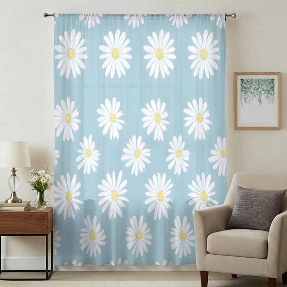White Teal Daisy Sheer Curtains 63 Inches Long, Spring Summer Floral Farmhouse Light Filering Curtains, Breathable Simi Curtain Privacy Drapes for Living Room Bedroom Lightweight Window Treatment
