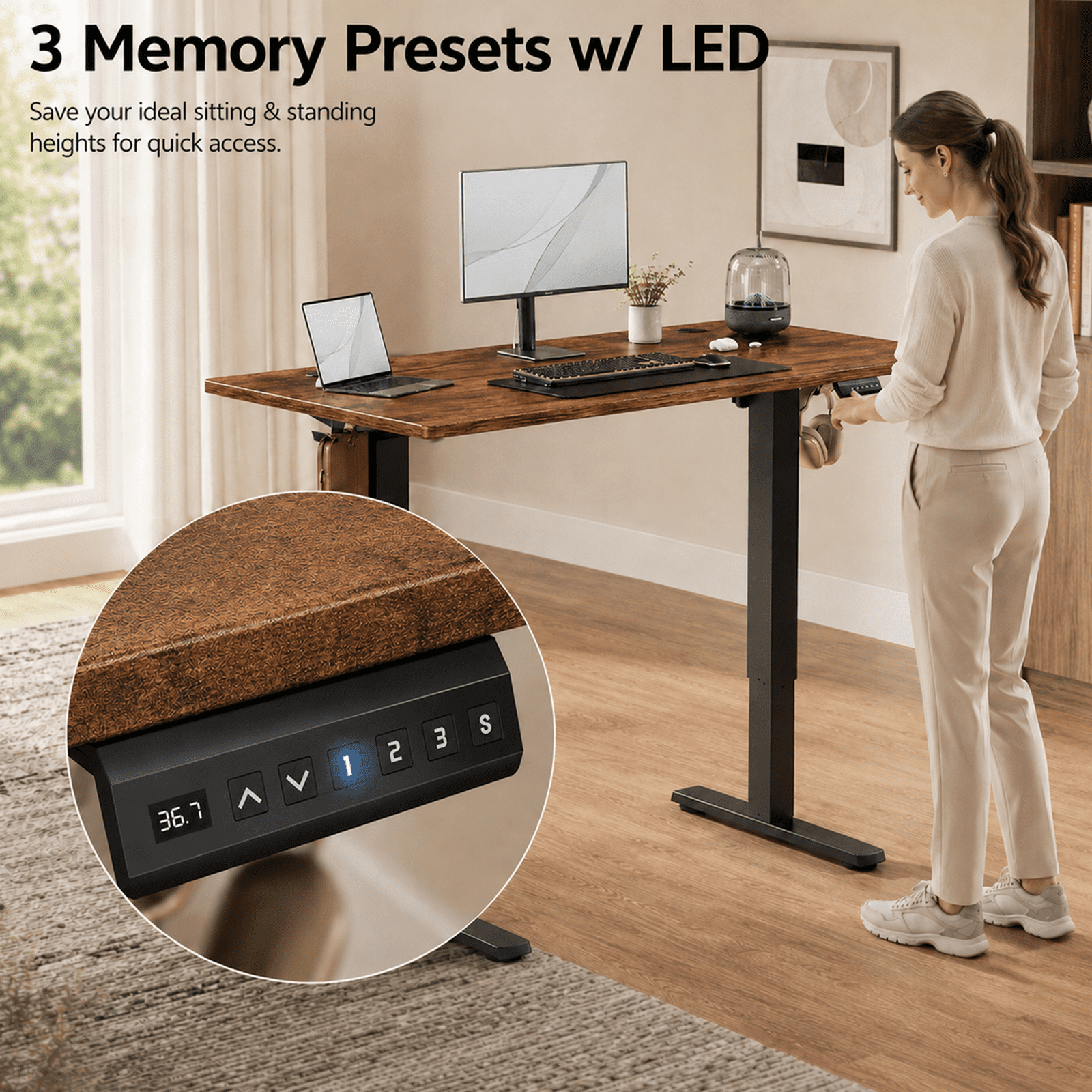 Alvantor Standing Desk, 28.7''- 48'' Height Electric Height Adjustable Home Office Desk with 3 Memory Presets, Sit and Stand Up, T-Shaped Frame