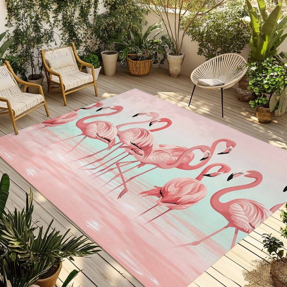 Pink Flamingo Outdoor Rug for Patio/Deck/Porch, Non-Slip Large Area Rug 4 x 6 Ft, Valentine's Day Birds Lake Animals Indoor Outdoor Rugs Washable Area Rugs, Reversible Camping Rug Carpet Runner
