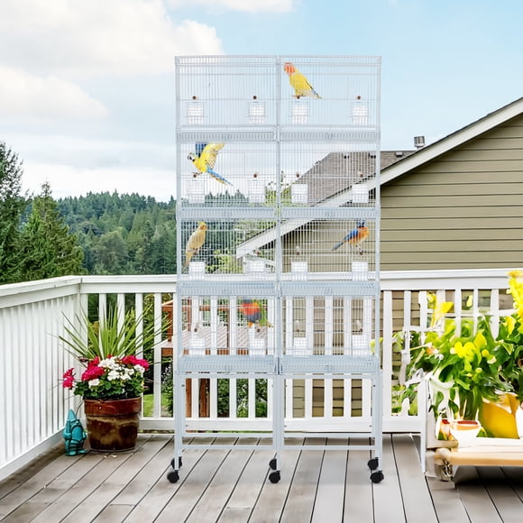 Twister.CK 4-Unit Stackable Parrot & Finch Cage with Center Divider, Removable Trays & Locking Casters, White