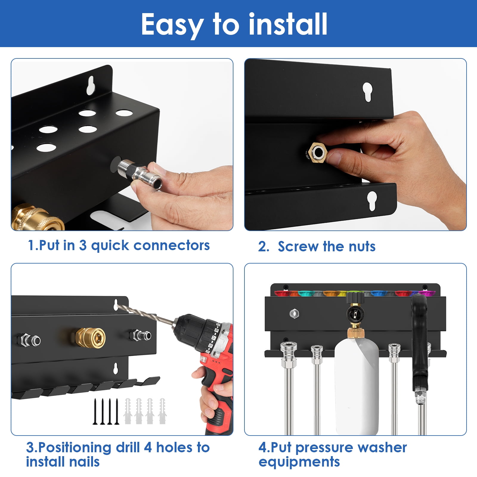 Pressure Washer Tool Organizer Rack Wall Mounted Thickened 1/4'' Car Wash Accessory Holder for Foam Cannon Wand Nozzle Tip