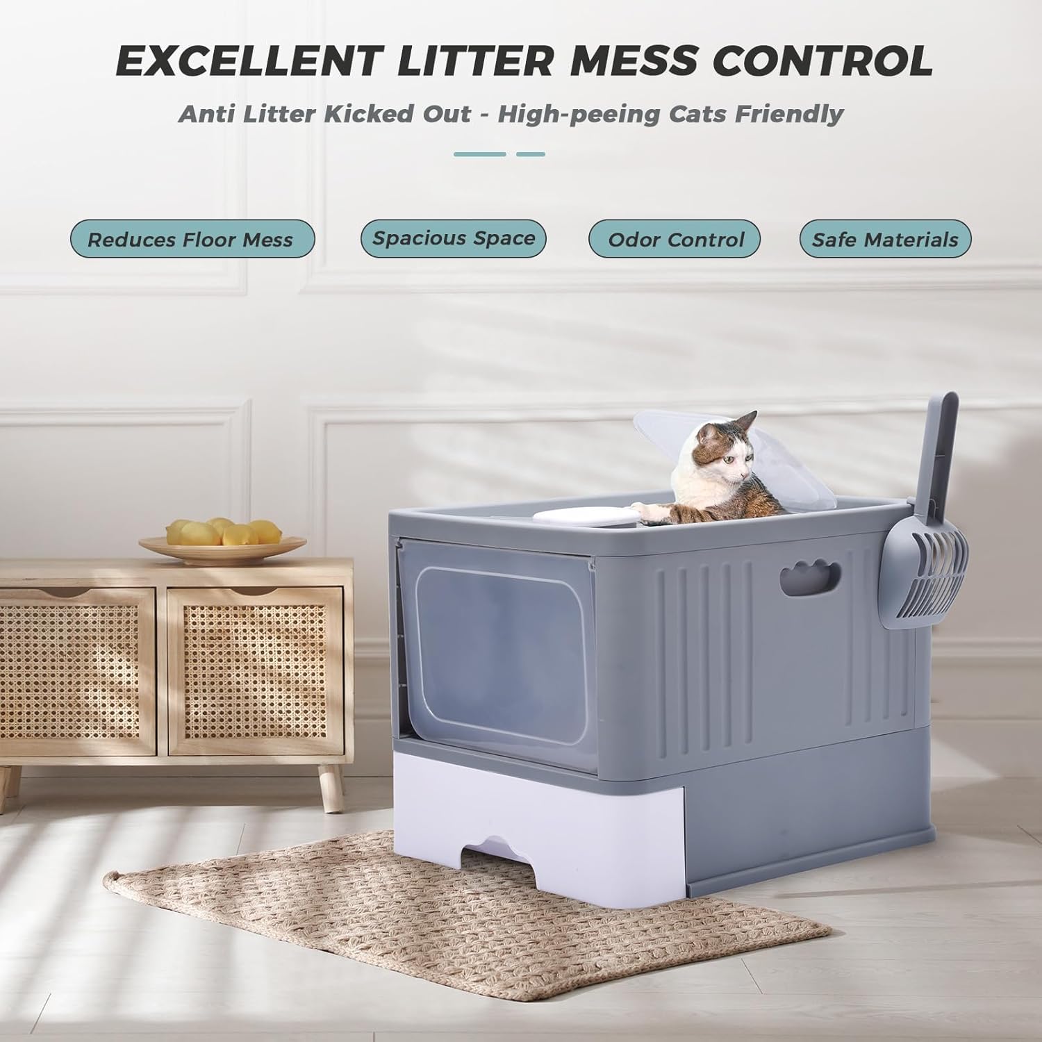 Cat Litter Box with UV, Enclosed Plastic Cat Litter Box with Handy Litter Scoop, Top Exit Anti-Splashing Cat Toilet, Drawer Type Cat Toilet