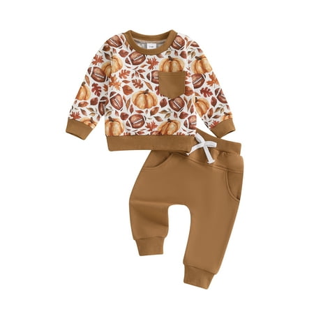

Toddler Baby Boys Halloween Outfits Long Sleeve Rugby Pumpkin Print Tops+Pants Set