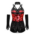 thumbnail image 6 of Kaerm Kid Girls Modern Latin Dance Outfit Halter Sequin Fringed Leotard with Gloves Red 14, 6 of 7