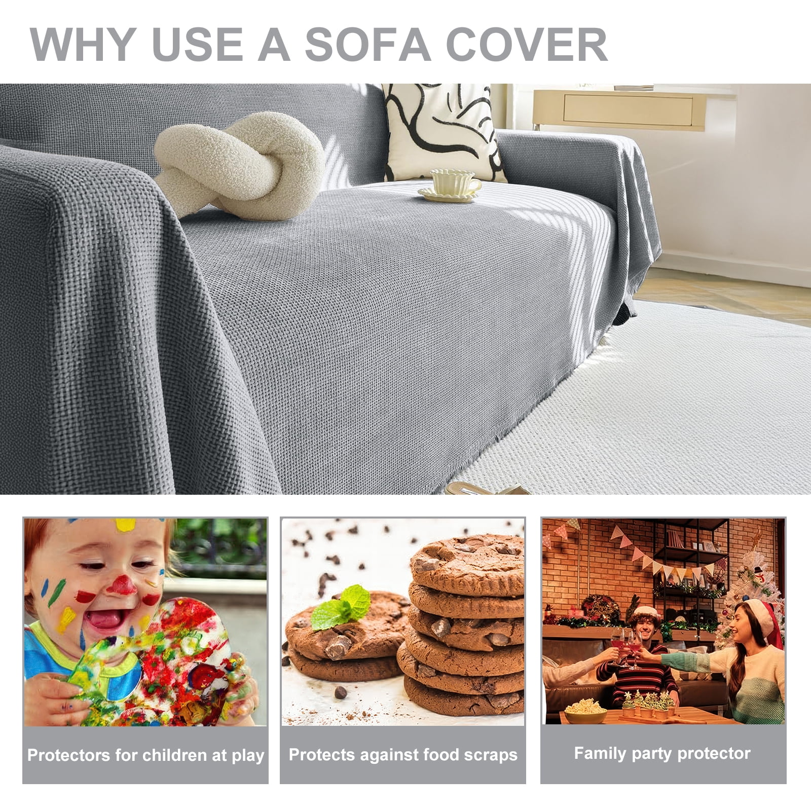 SANMADROLA Sofa Cover Washable Couch Covers for 3 Cushion Couch Sofa Super Soft Sofa Slipcover Non Slip Sofa Cover, Chenille Sofa Covers for Dogs, Furniture Protector, 71"x150", Dark Gray