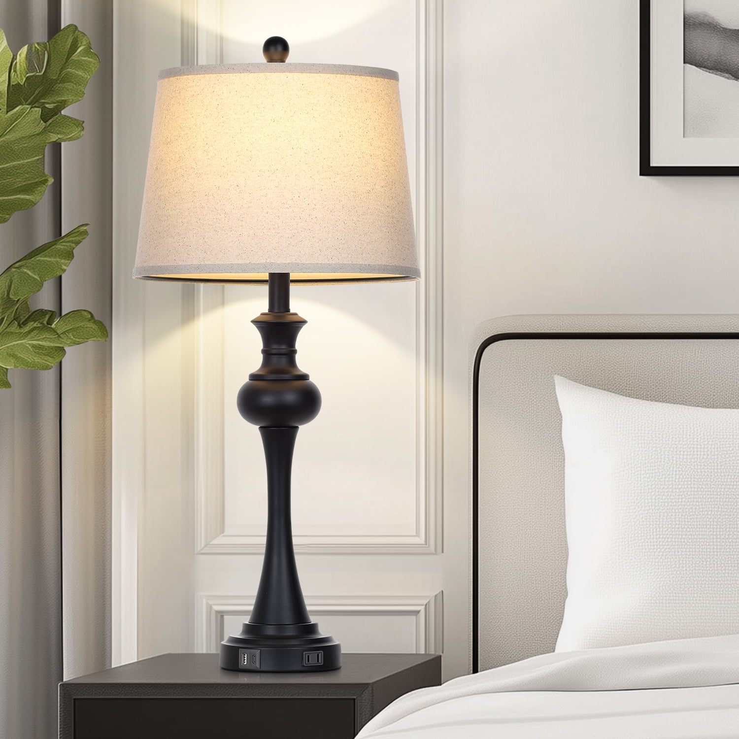 Cinkeda Single Table Lamp for Bedroom Living Room 28.75" Industrial Black 3 Way Dimmable Touch Control Nightstand Bedside Lamp with USB C+A Ports AC Outlet