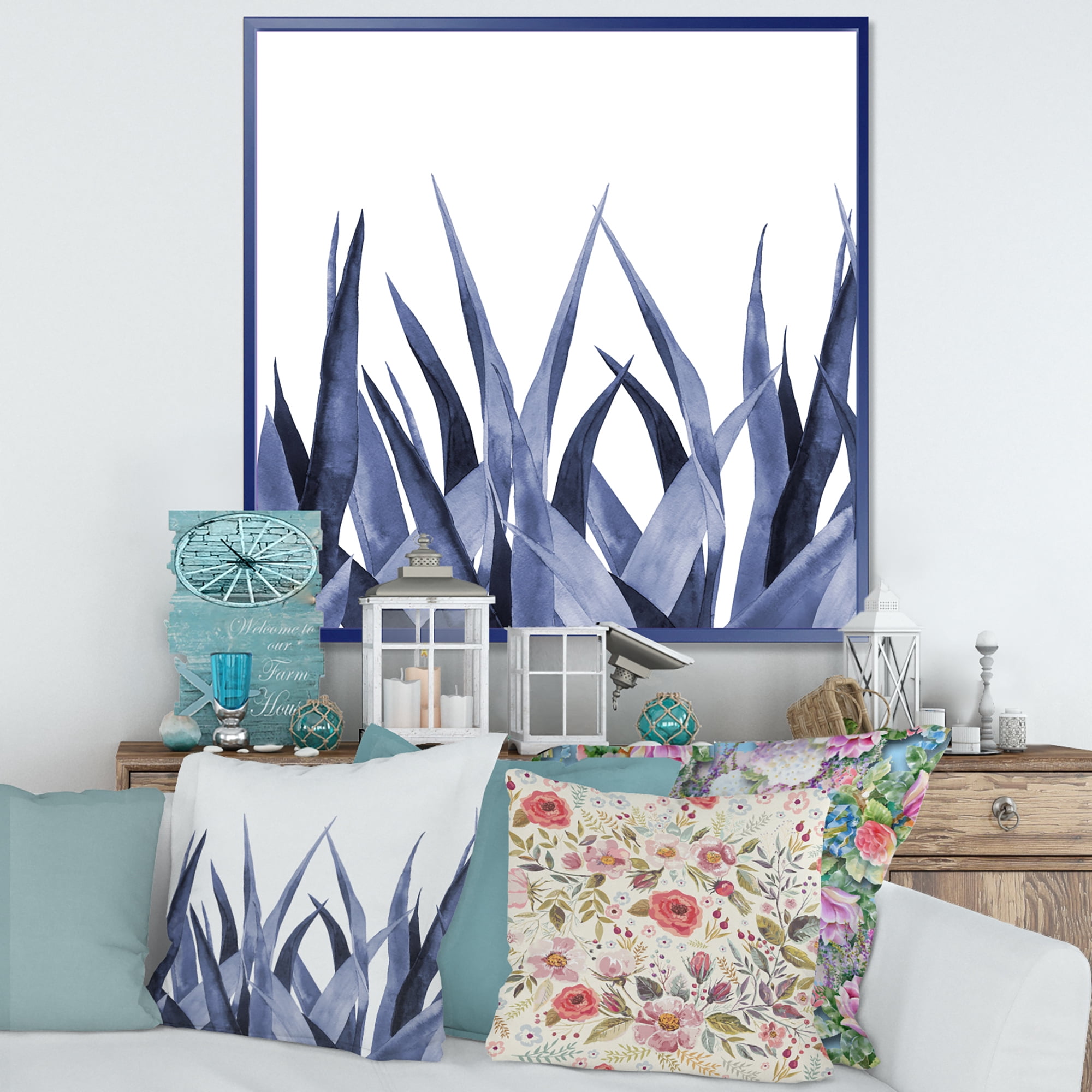 Designart 'Close Up Navy Blue Agave Leaves' Traditional Framed Canvas Wall Art Print