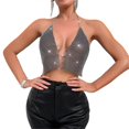 thumbnail image 1 of Women Sexy Sparkly Rhinestones Mesh Tank Top See Through Hollow Out Crop Top Raves,Party,Clubwears Halters Camisole Top Black L, 1 of 4