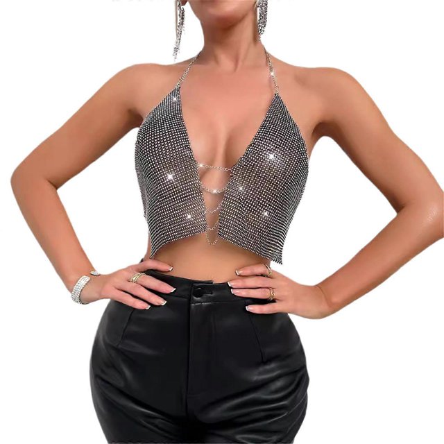 Women Sexy Sparkly Rhinestones Mesh Tank Top See Through Hollow Out Crop Top Raves,Party,Clubwears Halters Camisole Top Black L