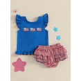 thumbnail image 3 of BemeyourBBs Toddler Baby Girl 4th of July Outfit Patriot Fourth of July Summer Independence Day Clothes American Flag Embroidered Backless Flying Sleeve T shirt Tops Plaid Ruffle Shorts Set, 3 of 9