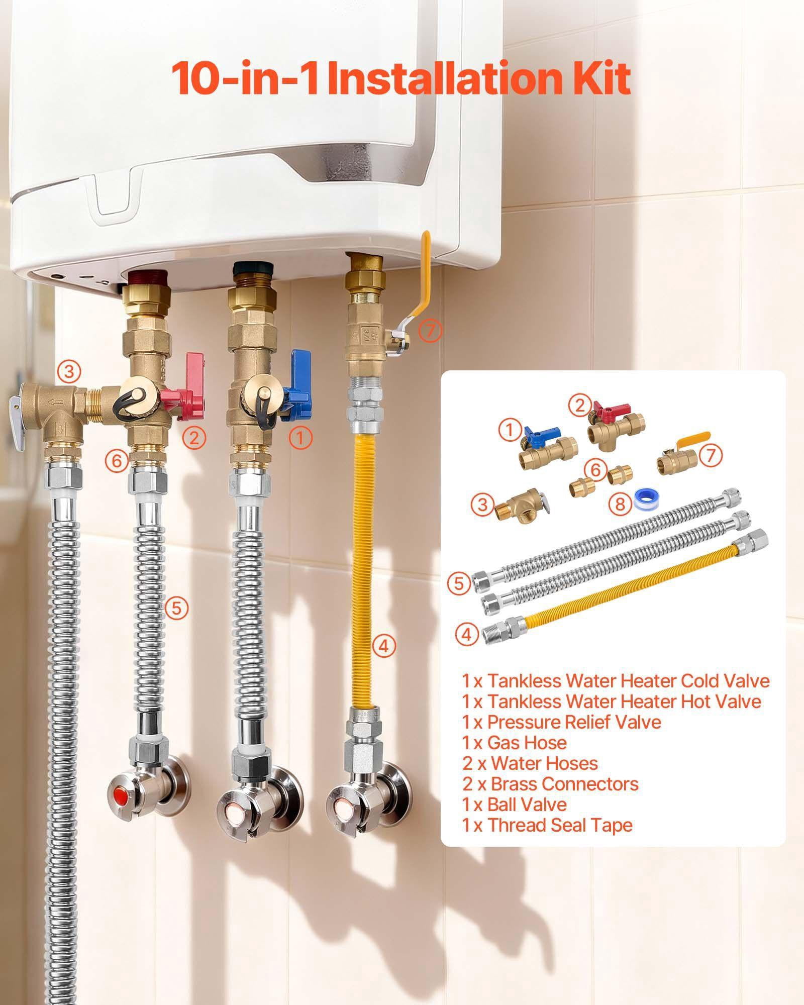 3/4 Inch Water Heater Repair Kit with 600 WOG Valves Pressure Relief Valve Ball Valve Gas Hose Compatible with Tankless Heaters