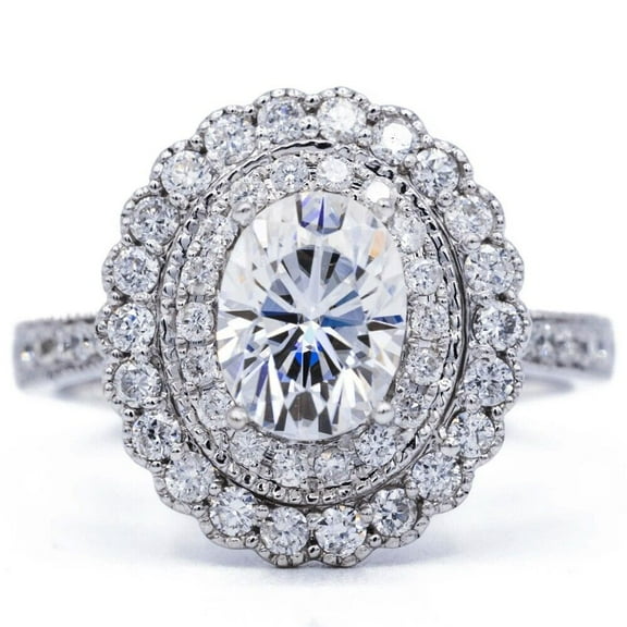 Oval Double Halo Women's Engagement Ring 1.9 Ct Diamond 14K White Gold Over