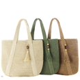thumbnail image 1 of Bolso tejido de un solo color, moderno bolso de hombro tejido con cuerda de papel, bolso de paja tejido con colgante de madera de durazno, bolso de playa informal para mujer, 1 of 1