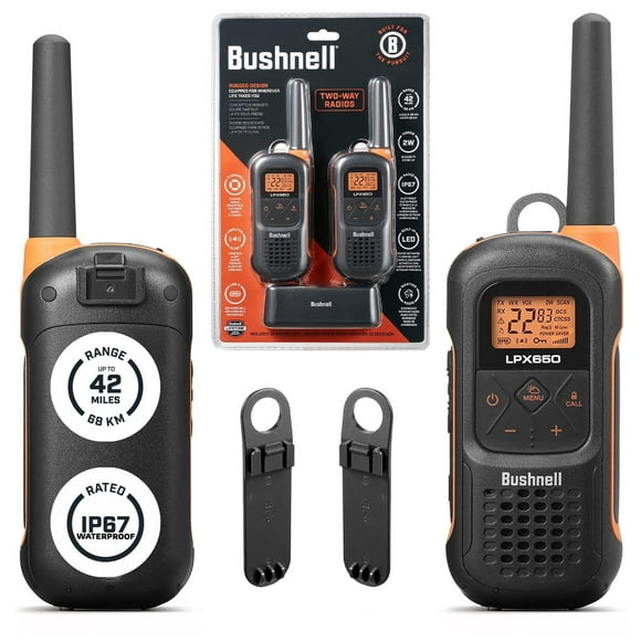 Bushnell Adventure 68KM 2 Way Radios - FRS 2.0 Watt Long Range Rechargeable Walkie Talkies 2 Pack | LPX650