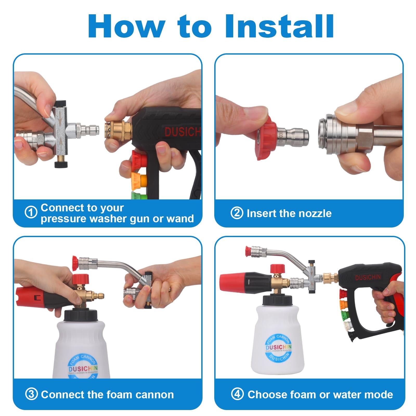DUSICHIN Short Gun Foam Cannon 1/4" Quick Connector Pressure Washer ,Car Wash Foam Gun Kit Dual Connector Accessory,5 Pressure Washer Nozzle Tips 3/8'' Swivel Quick Connector,Not Use with Garden Hose