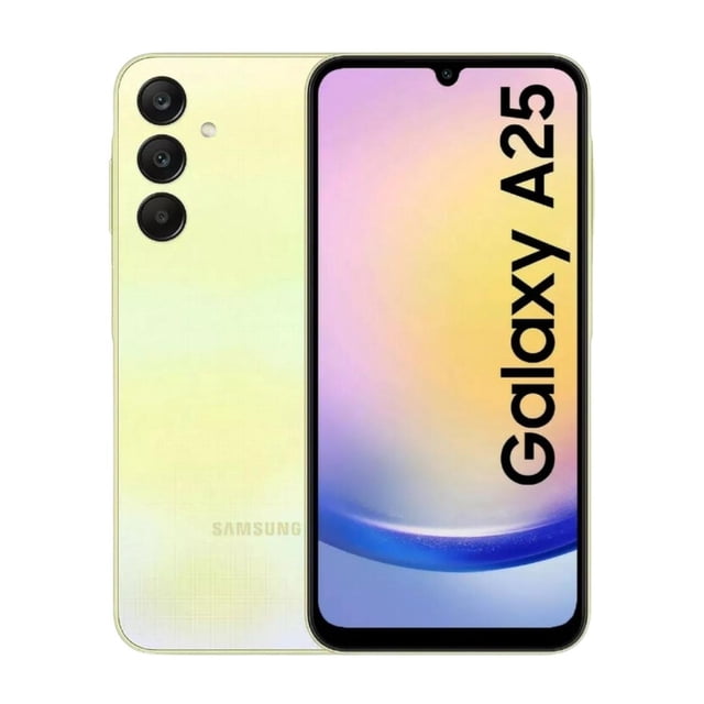 samsung galaxy a25 5g 6+128 gb amarillo vista frontal y trasera de smartphone desbloqueado con acabado amarillo, pantalla con muesca en gota y texto 'Galaxy A25', triple cámara trasera en columna y logo Samsung abajo; 6GB RAM, 128GB de almacenamiento y conectividad 5G. También suele usarse como teléfono multimedia para viajes.