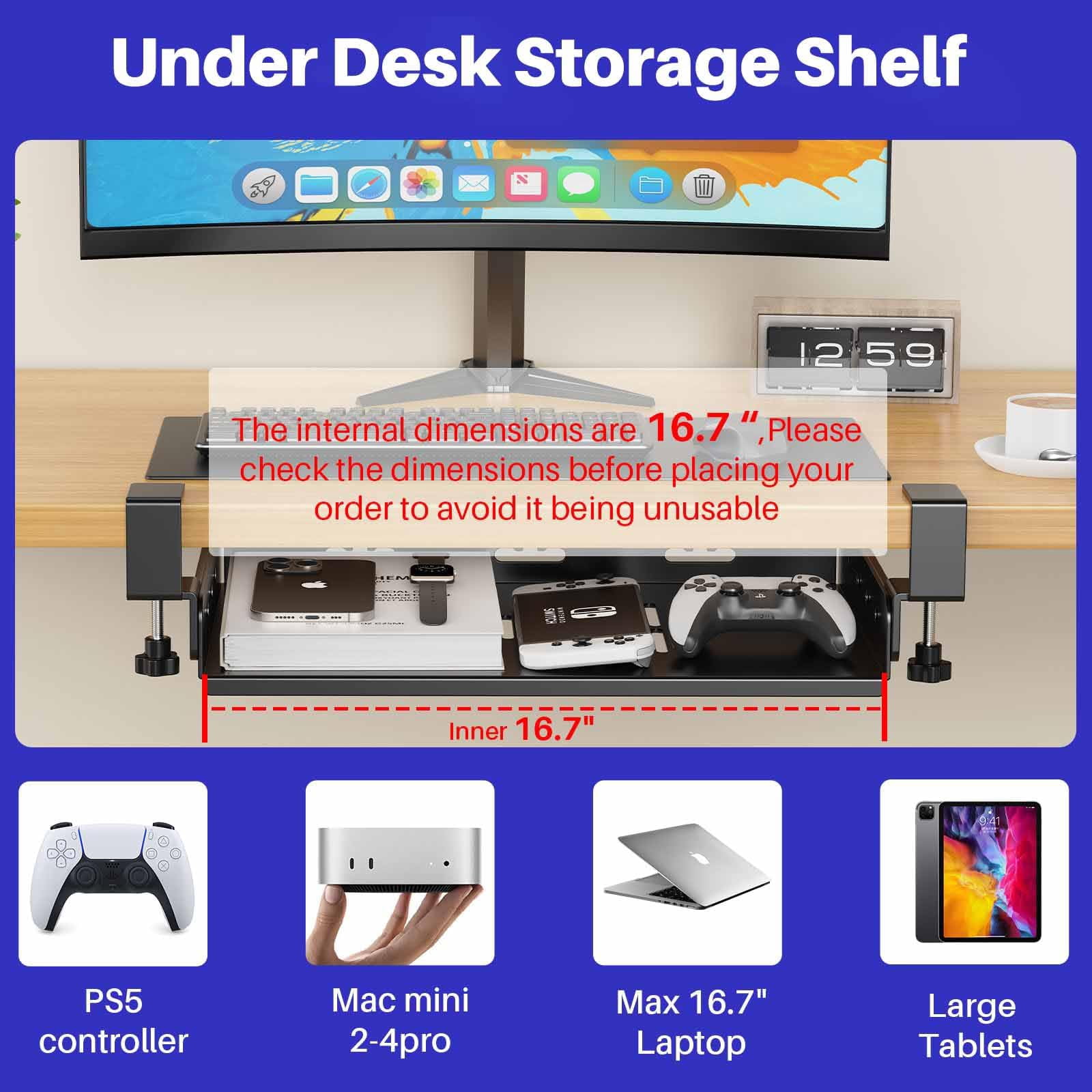 No Drill Under Desk Laptop Mount  Metal Storage Shelf With Cable Management Tray For Macbook Mini Anti-scratch Silicone Fits Office Gaming Workstations