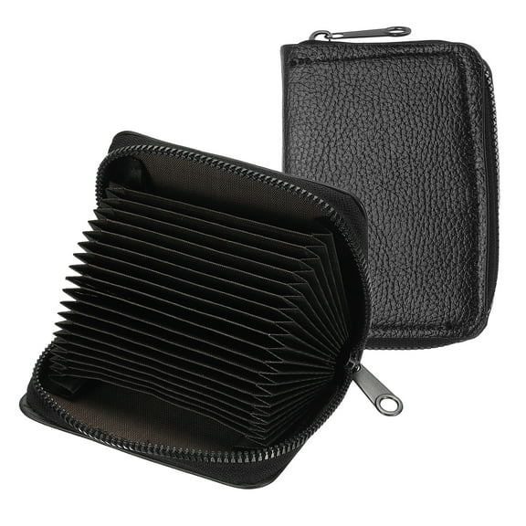 Uxcell Accordion Credit Card Holder Zipper Wallet, Leather Card Case Organizer with 18 Card Slots for Women Men Storage, Black (2 multi-slots)