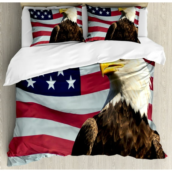Eagle Duvet Cover Set Queen Size, United States of America Flag with Symbol of the Country Looking into the Horizon, Decorative 3 Piece Bedding Set with 2 Pillow Shams, Multicolor, by Ambesonne