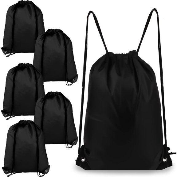 Pekkaxy 6Pcs Drawstring Backpacks, Medium, Black, Sports, Gym, Travel, Swimming, Beach