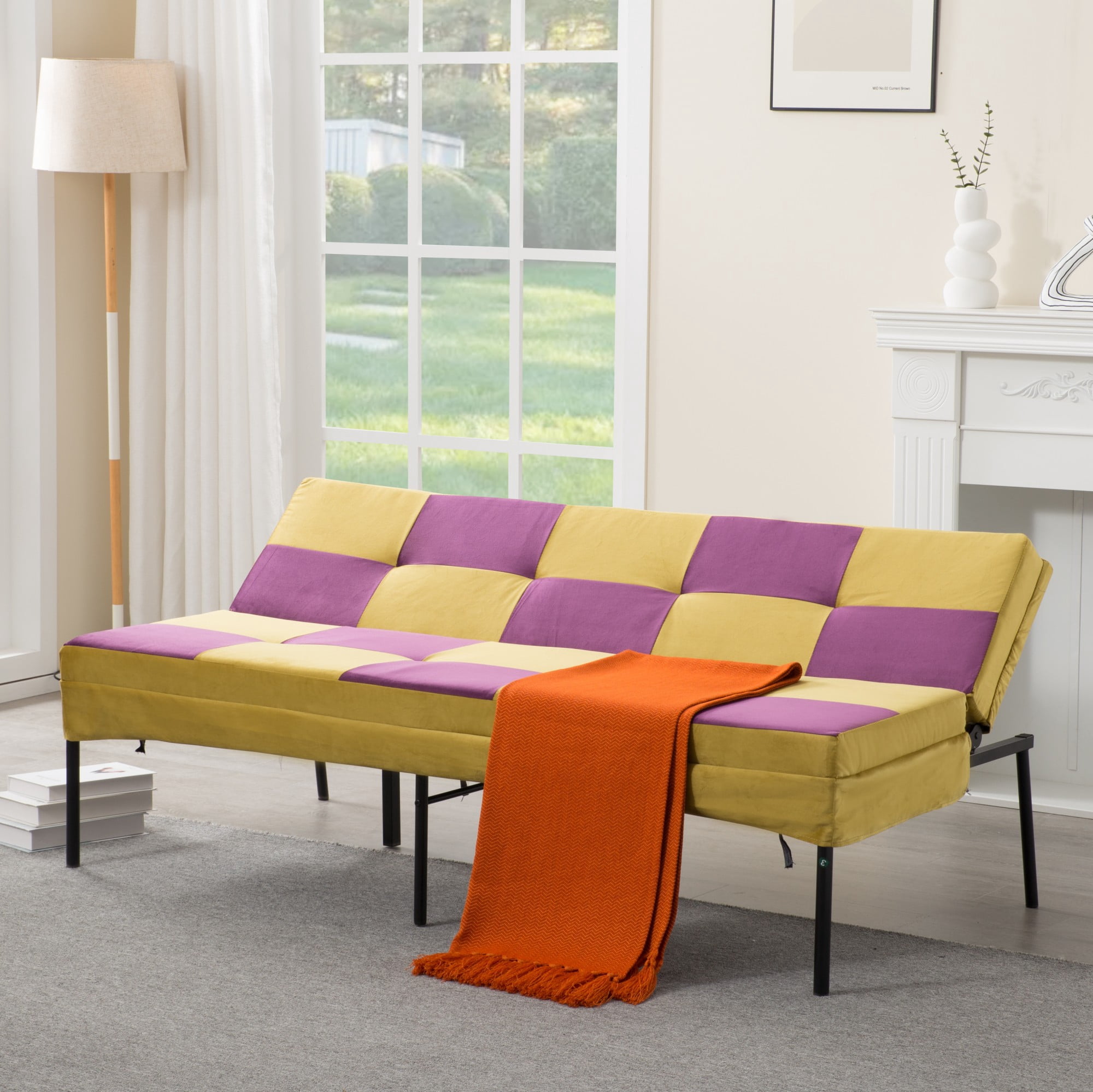 DEALTOPS 63" Checkered Velvet Futon, 2-in-1 Dual-Tone Convertible Sleeper Sofa with 5-Position Recline, Yellow